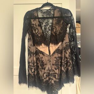 The Jetset Diaries - Dulce Deep Plunge Lace Romper in Black